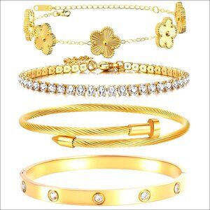 Gold Plated Stackable Bracelets Set, Floral Charm, Adjustable Bangle